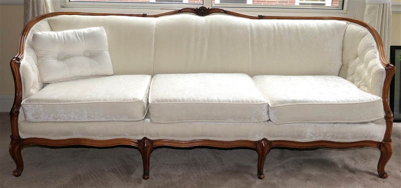 Very Clean White Velvet Sofa with Wood Frame - Cabriole Legs - Carved Crest on Back - Couch Measures 77" Long