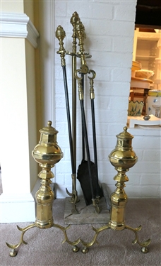 Nice Brass Fire Place Set - Brass Andirons with Cabriole Legs, and Brass Tipped Fire Tools with Marble Based Stand 