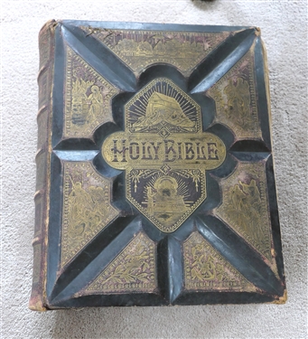 1880s Holy Bible with Leather Cover - Presented in 1887 - Some Spine Separation - Bible Measures 5" Thick 10" by 12" 