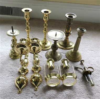 Collection of Brass Candle Sticks and Related Objects including Virginia Metalcrafters Candle Stick, Pair of Brass Wall Sconces, and Pair of 7 1/2" Candle Sticks