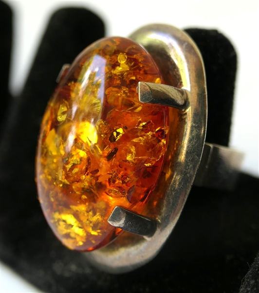 MG Designer Hallmarked Sterling Silver and Amber Statement Ring - Ring Size is Adjustable - Currently Size 6 1/2 - Amber Stone Measures 1 1/4" By 3/4"