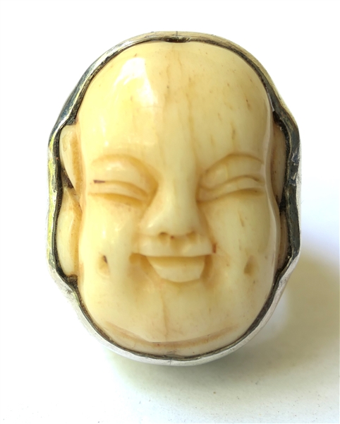 Rebecca Collins - Dallas Texas Sterling Silver Budha Ring - Hand Carved Ivory Budha Set in Wide Sterling Silver Setting - Ring Size 7 with Adjustable Features - Budha Measures 1 1/8" by 3/4" 