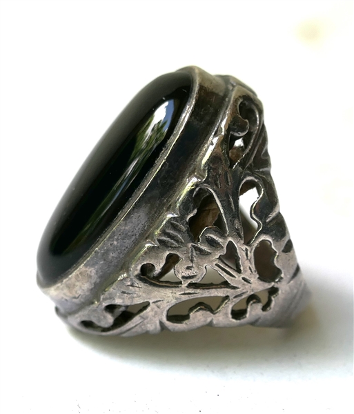 Large Silver Ring with Oval Black Onyx Stone  - Filigree Setting  - Center Stone Measures 1 1/8" by 5/8" 