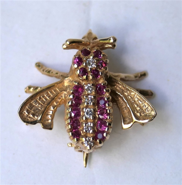 14kt Yellow Gold Bumble Bee Brooch with Diamonds and Rubies - Bee Measures 5/8" by 5/8" 