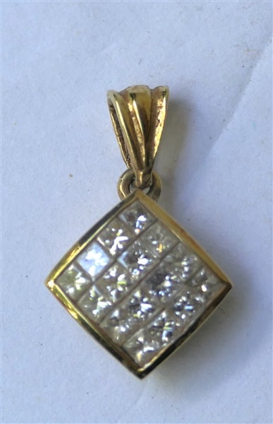 18kt Yellow Gold Diamond Pendant - 16 Pave Set Princess Cut Diamonds - Pendant Measures 1 3/4" Long 1/2" Wide