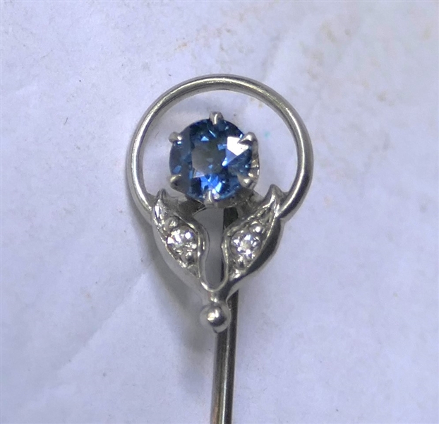 14kt White Gold Stick Pin with Sapphire Center Stone and Diamond Accents - Pin Measures 2 1/2" Long