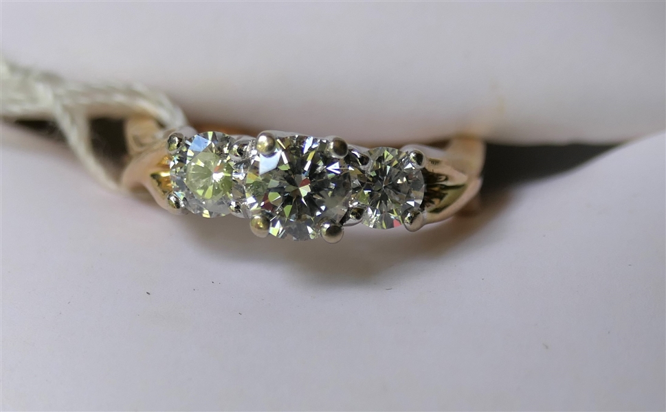 Beautiful 3 Stone Diamond Ring - 1/2 Carat Center Diamond Flanked by 1/4 Carat Diamonds - White and Yellow Gold Setting - Ring Size 4