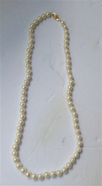 Hand Knotted Pearl Necklace with 14kt Yellow Gold Clasp - Necklace Measures 16" 