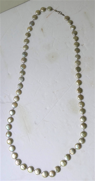 Long Hand Knotted Light Green Freshwater Coin Pearl Necklace - Necklace Measures 34"