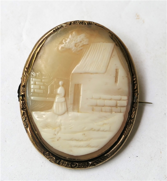 Hand Carved Cameo Pin / Pendant - Carved Farm Scene - Measures 1 3/4" by 1 1/2"