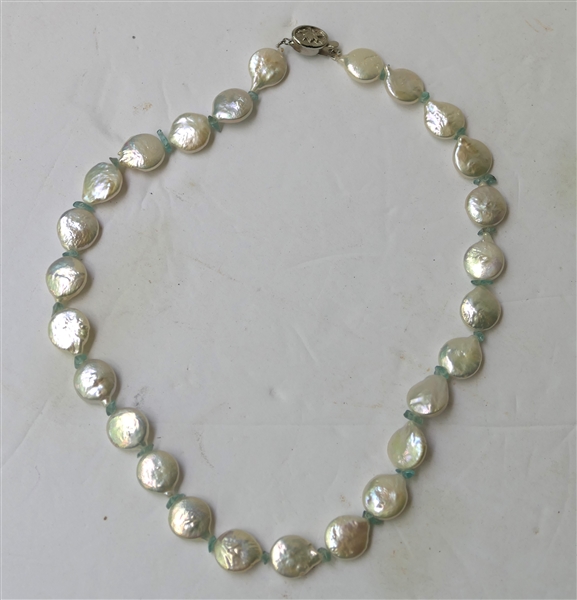 Hand Knotted Freshwater Coin Pearl Necklace with Sea Glass Spacers - Necklace Measures 16"