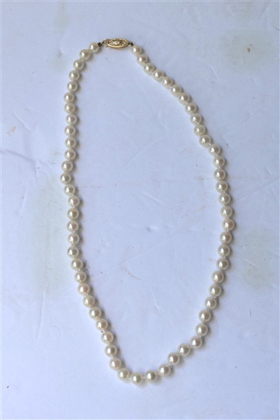 Hand Knotted Pearl Necklace with 14kt Yellow Gold Clasp with Diamond Accents - Necklace Measures 16"