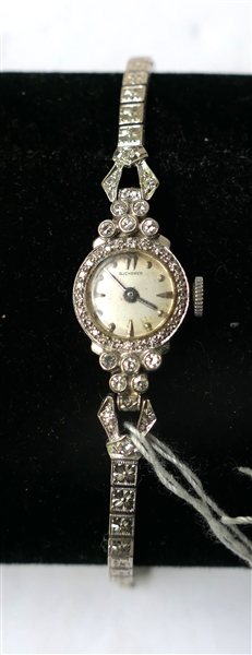 Fine Bucherer 14kt White Gold Ladies Wrist Watch - Diamonds Surround Bezel and Diamonds on Lugs - Watch Band Marked 14kt - Case Number 17750