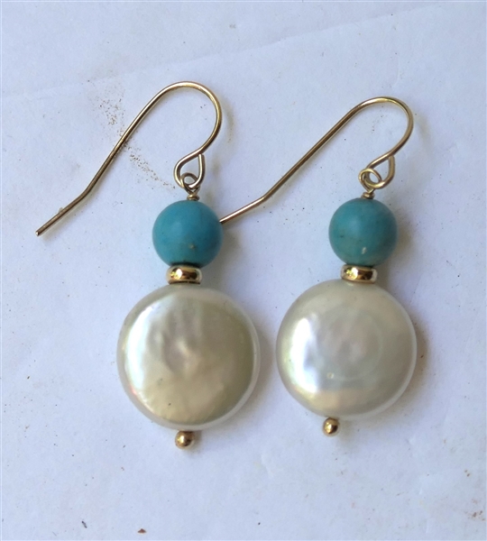 Freshwater Coin Pearl Earrings with Turquoise Beads and 14kt Gold Hooks