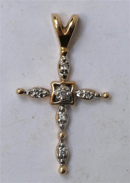 14kt Yellow Gold and Diamond Cross Pendant - Measures 1" by 5/8" 