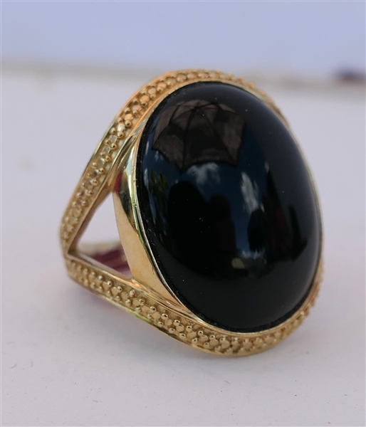 Gold Over Sterling Silver Black Onyx Cabochon Ring - Size 7 - Center Stone Measures 1" by 5/8"