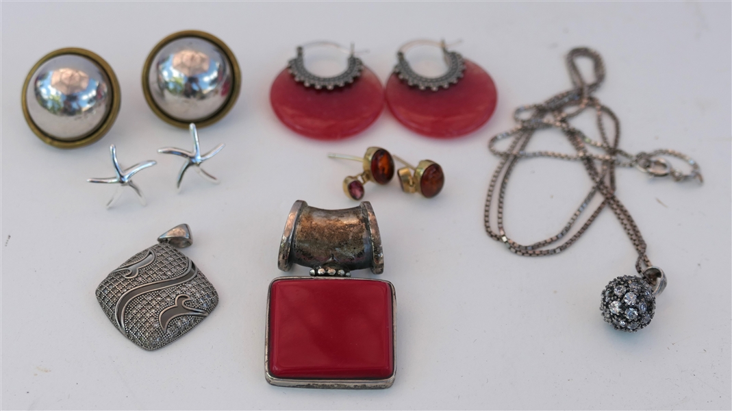 Sterling Silver Jewelry Lot including 4 Pairs of Earrings, Sterling Pendant with Red Stone, and Sterling Silver Necklace