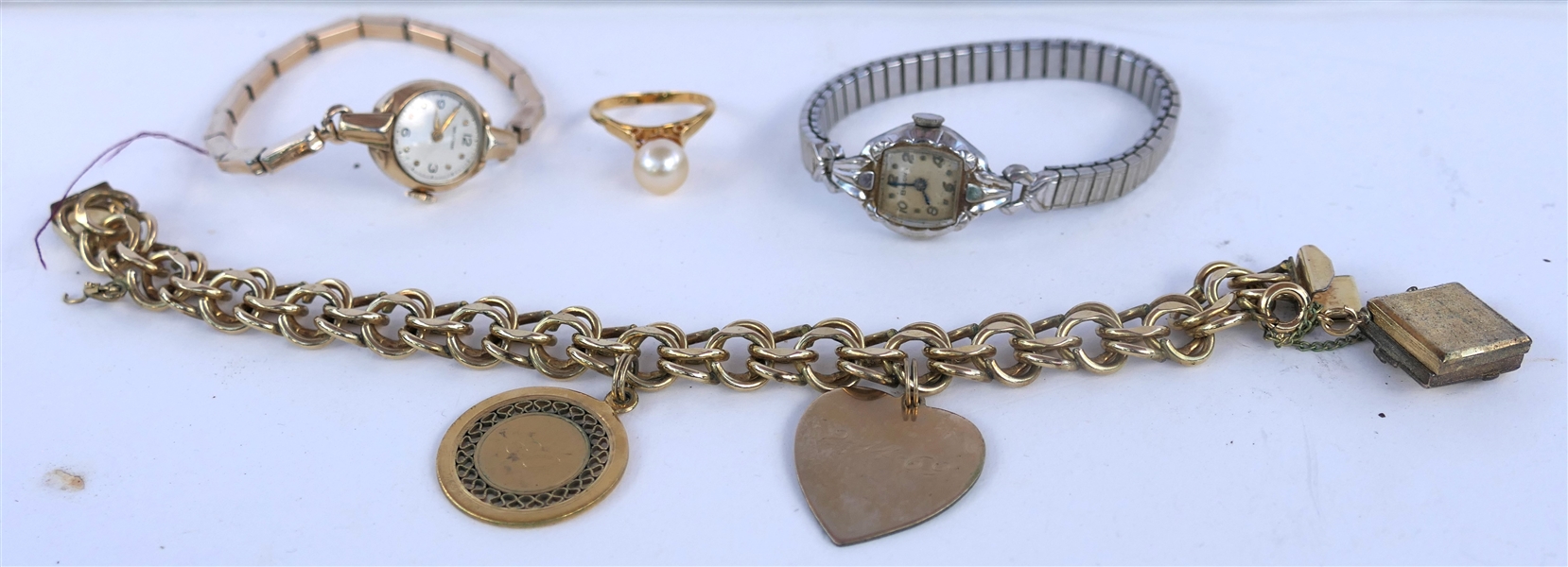 Gold Filled Charm Bracelet with 3 Charms, Bulova Ladies White Gold Filled Watch, Waltham Yellow Gold Filled Ladies Watch, and 14kt GE Pearl Rin g