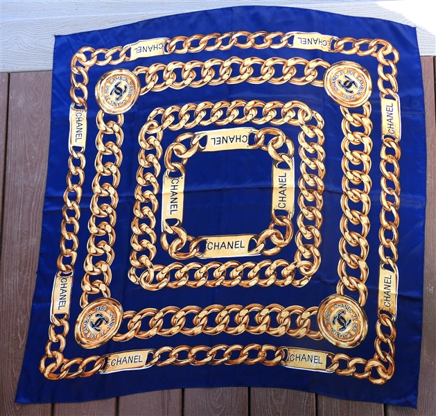 Vintage Navy Blue and Gold Chanel Silk Scarf - Small Area of Fraying At Hem- Possibly From Tag 