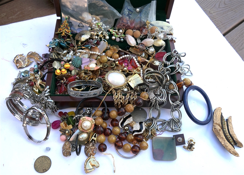 Wood Jewelry Box Full of Costume Jewelry, Beads, Bracelets, Earrings, Brooches, Necklaces, Etc. 