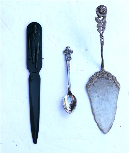 Fuller Brush Co. Celluloid Letter Opener, Rolex Lucerne Souvenir Spoon, and Rose Form Pastry Server Marked Antiko 100