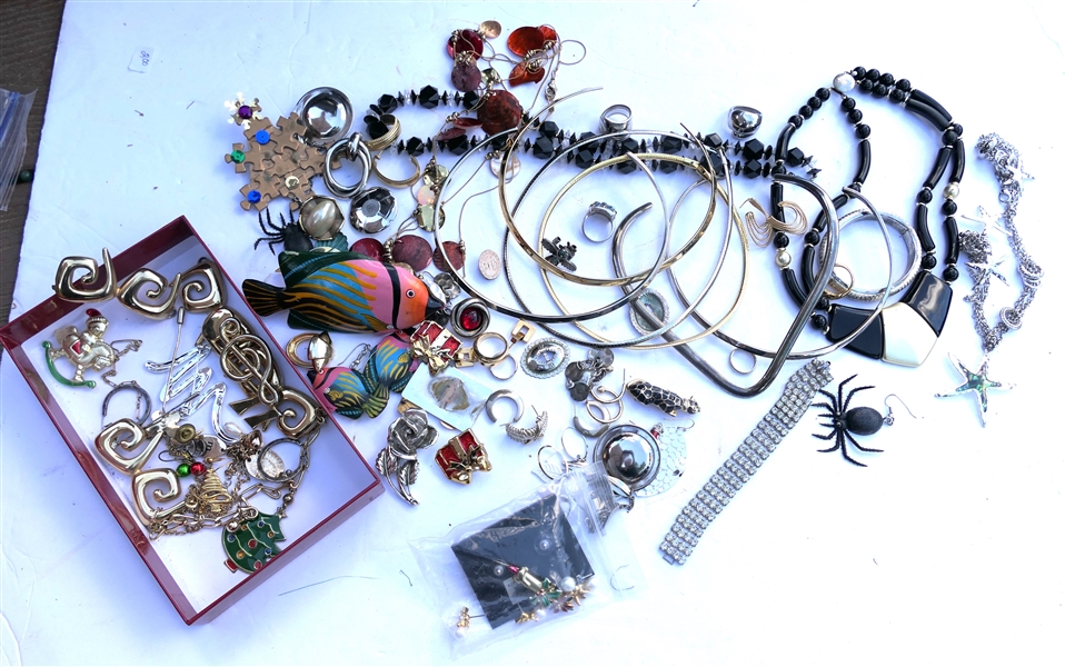 Large Lot of Costume Jewelry Including Rhinestone Bracelet, Rings, Necklaces, Holiday Jewelry,  Necklaces, and Earrings