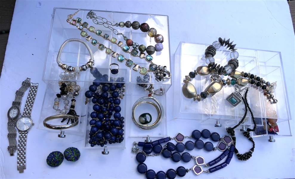 Lot of Costume Jewelry in Lucite Storage Drawers including Beaded Necklaces, Bracelets, Rings, Bangles, Etc. 