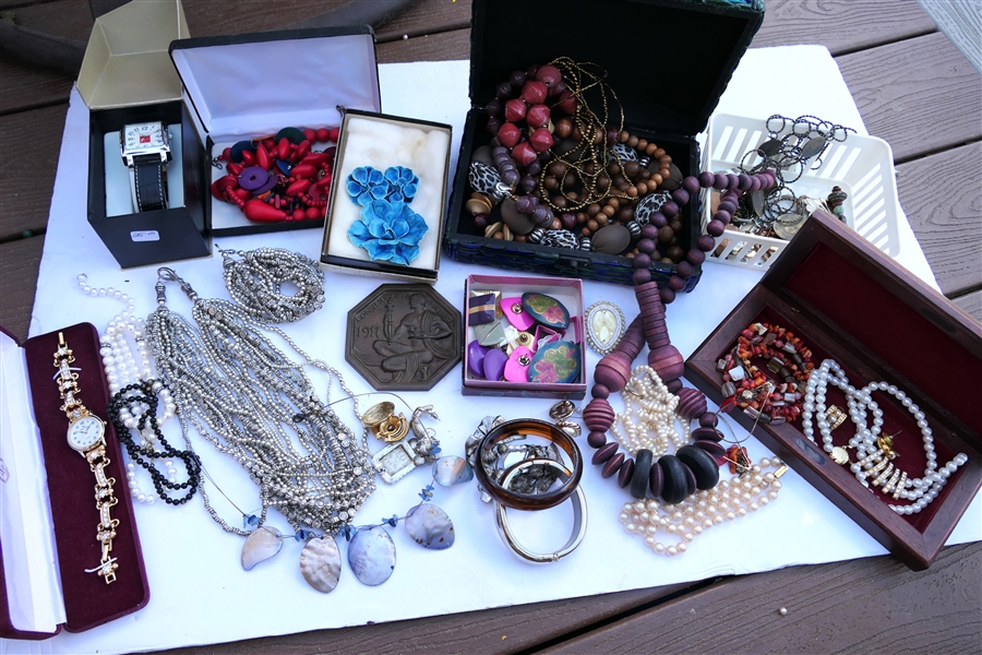 Collection of Costume Jewelry including Watches, Beaded Necklaces, Blue Porcelain Flower Brooch and Earrings, Bronze Medallion, Pearls, and Premier Designs Dress Watch Also Including Fancy Blue and...