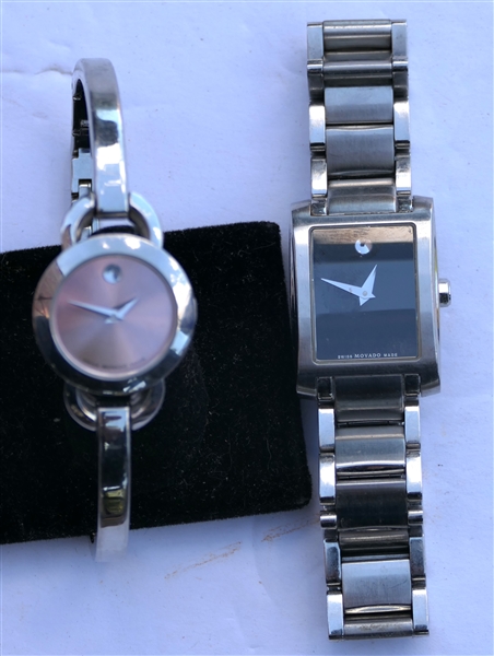 2 - Ladies Movado Wrist Watches - Round with Pink Dial and Rectangular with Black Dial 