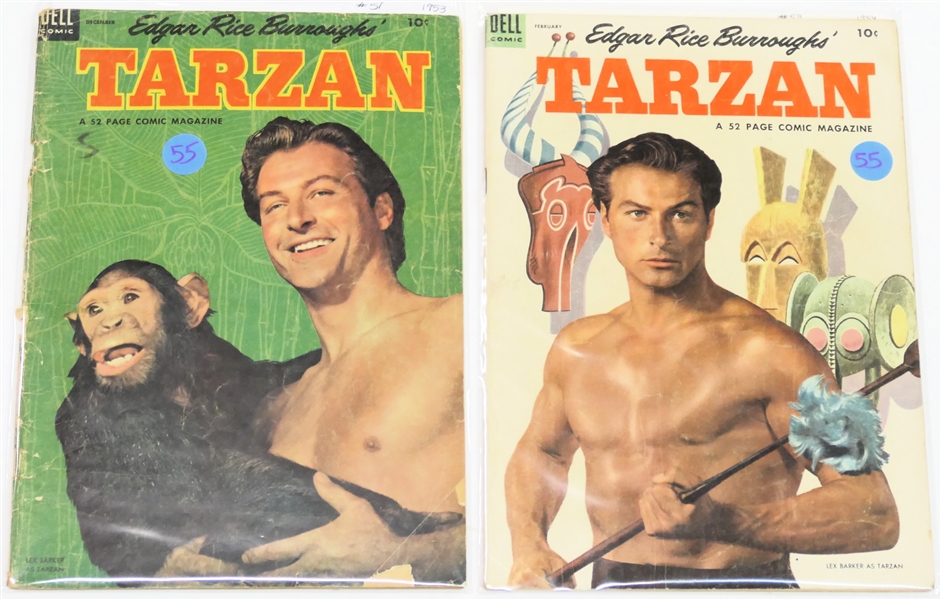 2  Dell Comics  - Edgar Rice Burroughs Tarzan 10 Cent Comic Books  - 1953 #51 and #1954 #53