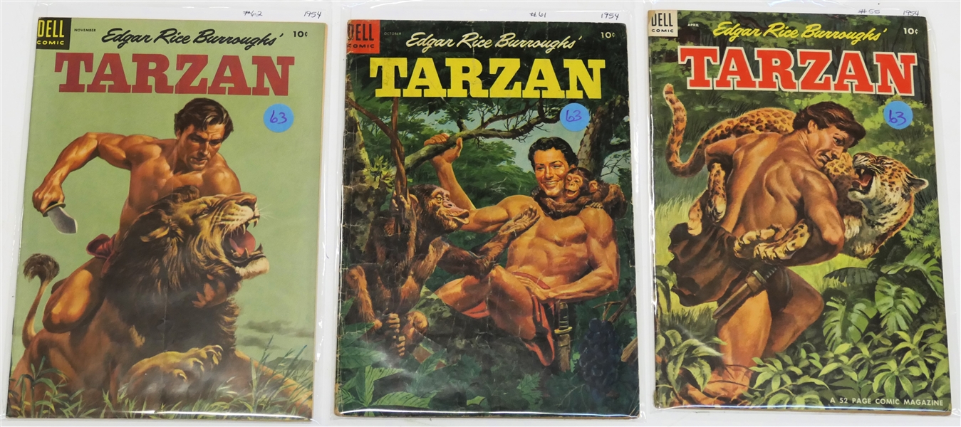 3  Dell Comics  - Edgar Rice Burroughs Tarzan 10 Cent Comic Books  - 1954 #55, 1954 #61, and 1954 #62