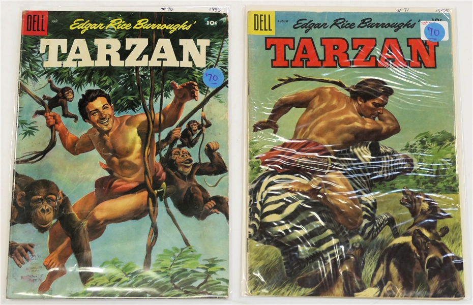  2 Dell Comics  - Edgar Rice Burroughs Tarzan 10 Cent Comic Books  - 1955 #70 and #71