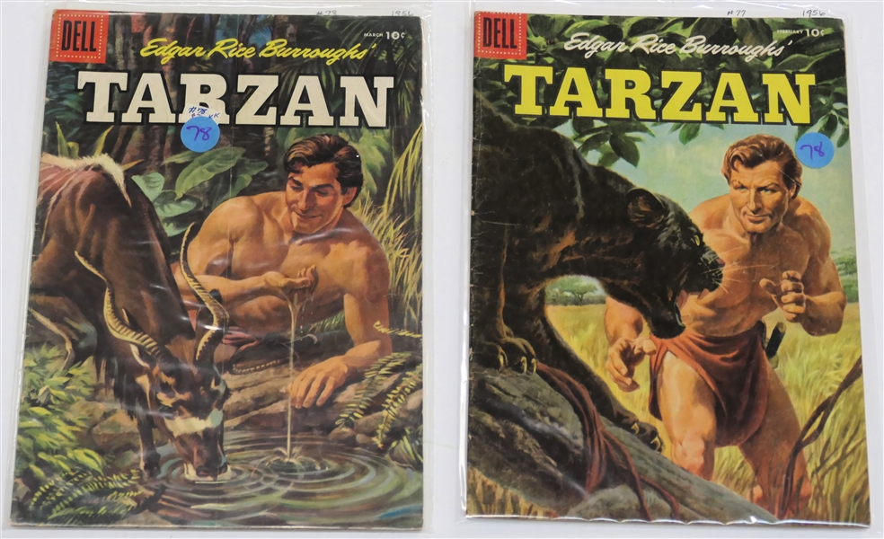  2 Dell Comics  - Edgar Rice Burroughs Tarzan 10 Cent Comic Books  - 1956 #77 and #78