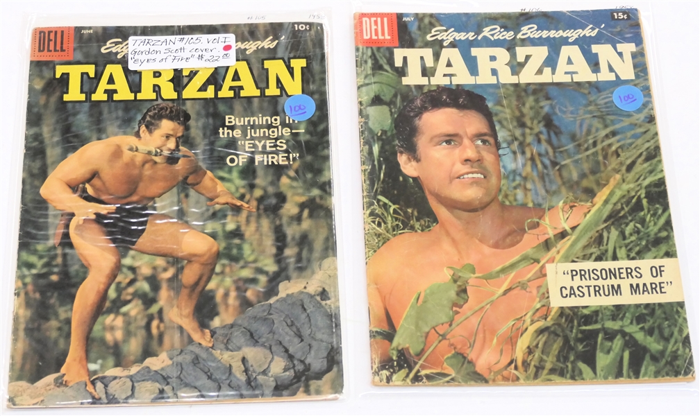  2 Dell Comics  - Edgar Rice Burroughs Tarzan 10 Cent Comic Books  - 1958 #105 and #106