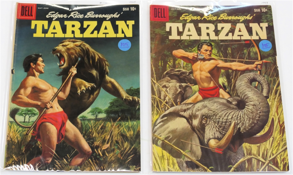  2 Dell Comics  - Edgar Rice Burroughs Tarzan- Still 10 Cent Comic Books  - 1959 #112 and #113