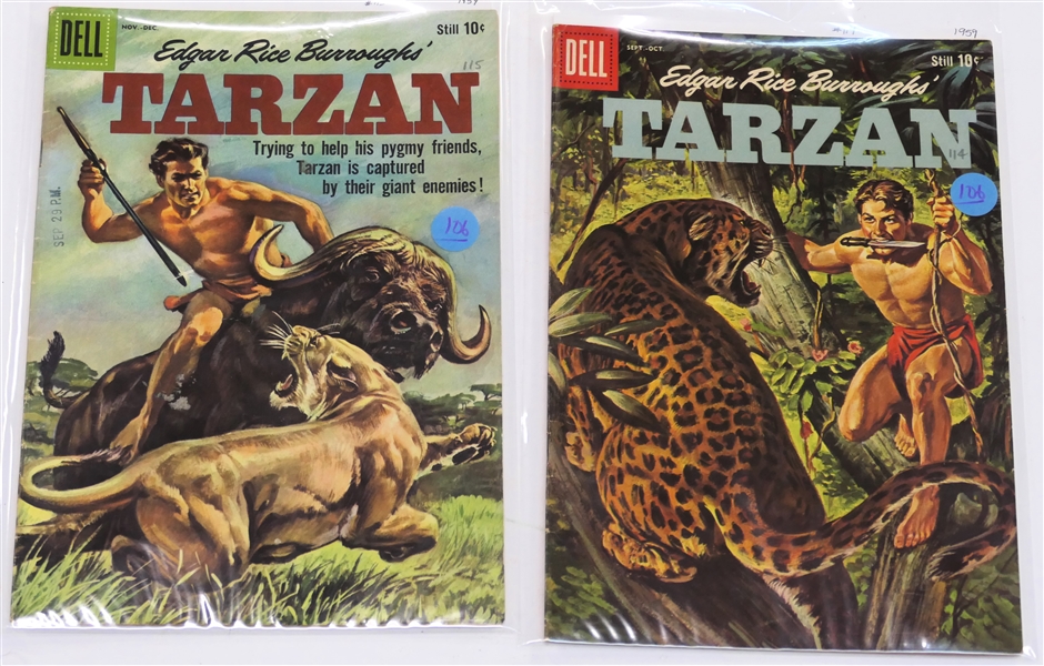  2 Dell Comics  - Edgar Rice Burroughs Tarzan- Still 10 Cent Comic Books  - 1959 #114 and #115