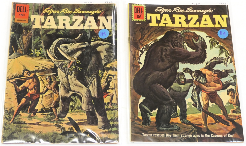  2 Dell Comics  - Edgar Rice Burroughs Tarzan - 15 Cent Comic Books - 1962 #129 and #130