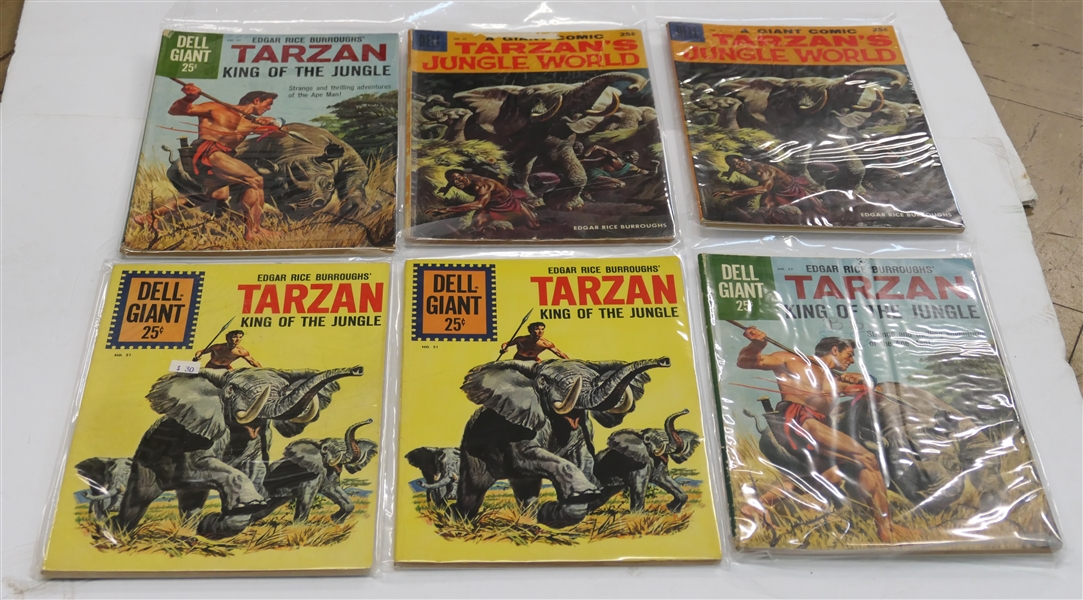 6 -Dell Giant 25 Cent Comic Books - Edgar Rice Burroughs "Tarzan King of the Jungle" - 1959 #25, 1960 - #37, and 1961 #51