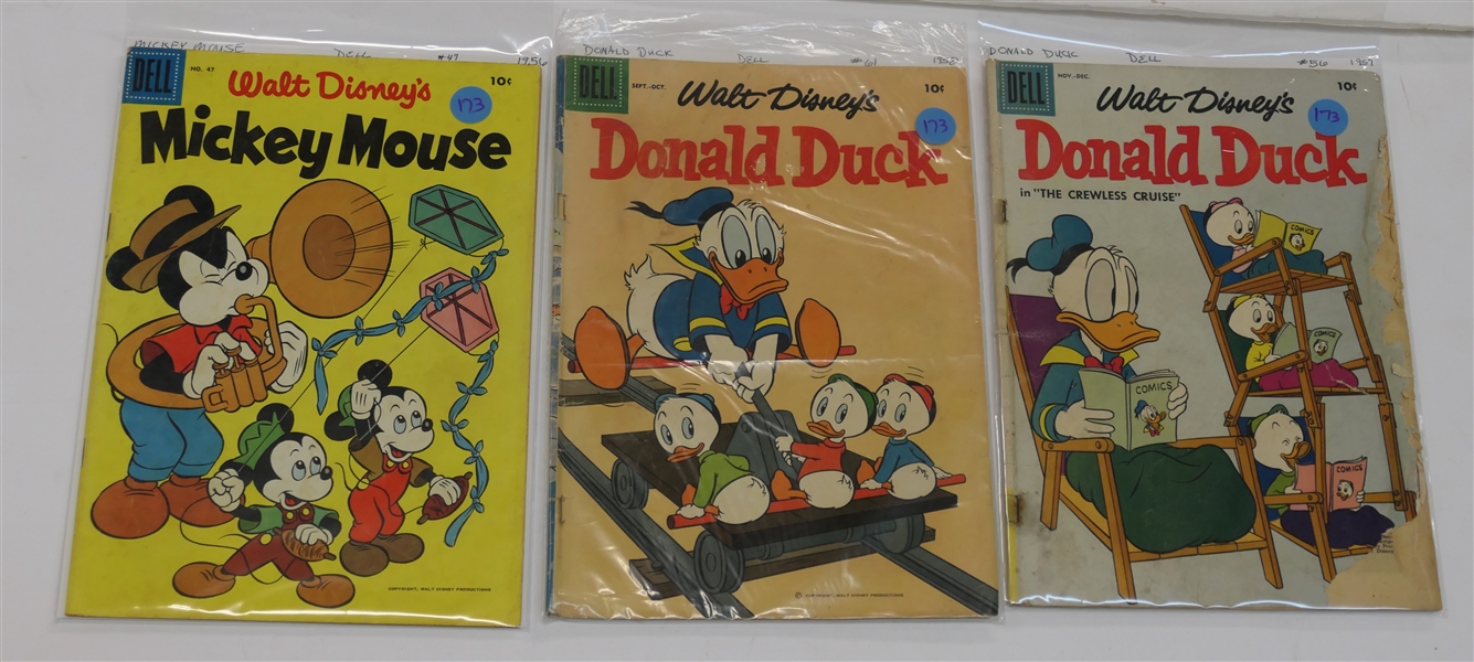 3 - Dell Walt Disney - 10 Cent Comic Books - "Donald Duck" -1957 #56 and 1958 #61 and "Mickey Mouse" 1956 #47