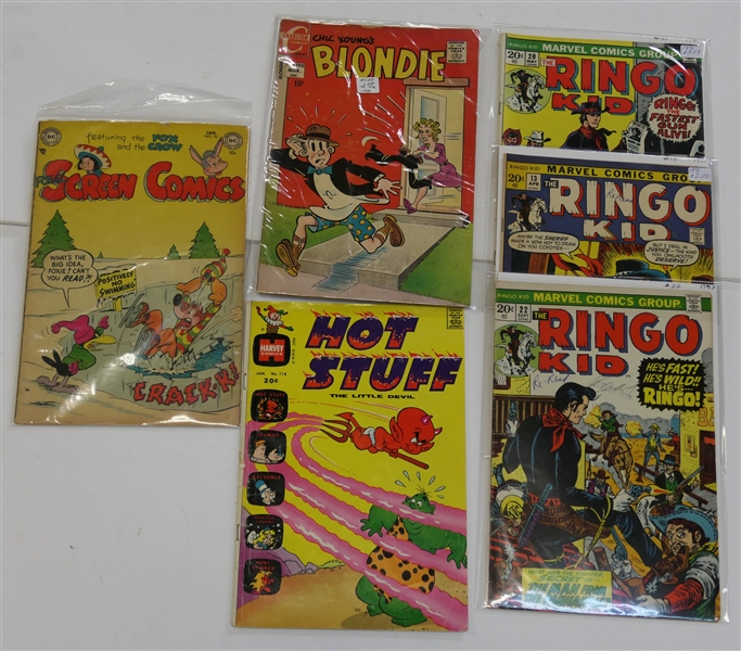 6 Comic Books - Marvel "The Ringo Kid" 20 Cent, Harvey Comics, "Hot Stuff", Charlton Comics "Blondie", and DC "Screen Comics" - 10 and 20 Cent Comic Books