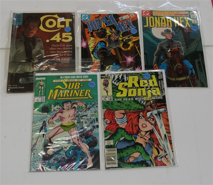 5 Comics including Dell 10 Cent "Colt 45" Marvel #1 "Sub Mariner" "Red Sonja" and  DC "Jonah Hex" 