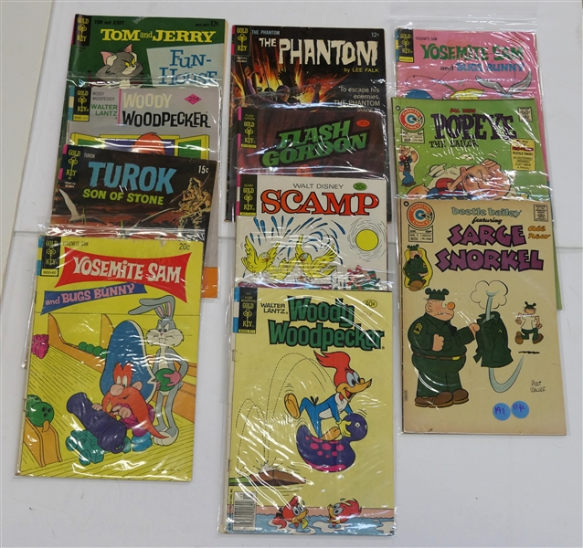 11 Comics including Gold Key -"Walt Disney" "Yosemite Sam and Bugs Bunny" "Woody Wood Pecker" "Scamp" "Flash Gordon" Turok"  and Charlton "Pop Eye" "Sarge Snorkel" 