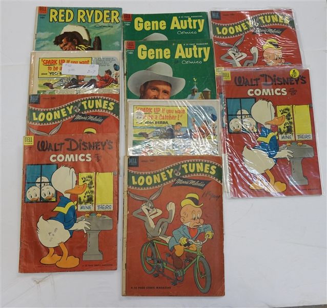 Collection of 1950s Comic Books with Yogi Berra Wheaties Advertisements on Back Cover including Lone Ranger #62, Looney Tunes #142, Walt Disney #12, Red Ryder #122, Gene Autry # 79