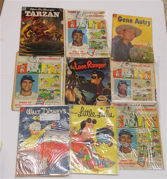 Collection of 1954 Comic Books with Roy Campanella Wheaties Ads including Walt Disney #10, Little Lulu #73, New Funnies #207, Lone Ranger #71, Gene Autry #89, Tarzan #58, and Gene Autry #89