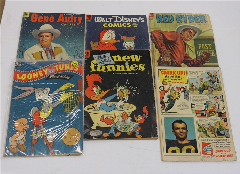 Collection of 1954 Comic Books with Tom Fears Wheaties Ads - Walt Disney #4, Lone Ranger #67, Red Ryder #126, Tom & Jerry #114, New Funnies #203, Gene Autry #83, and Looney Tunes