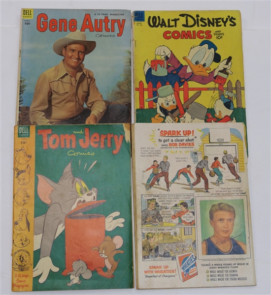 Collection of 1954 Comic Books with Bob Davies Wheaties Ads - Walt Disney #6, Tom & Jerry #116, Gene Autry #85, and Tarzan #54