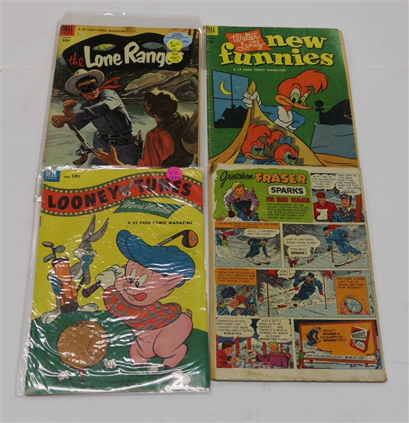 Collection of 1953 Comic Books with Gretchen Fraser Wheaties Ad - Walt Disney #7, New Funnies #194, and Looney Tunes #138