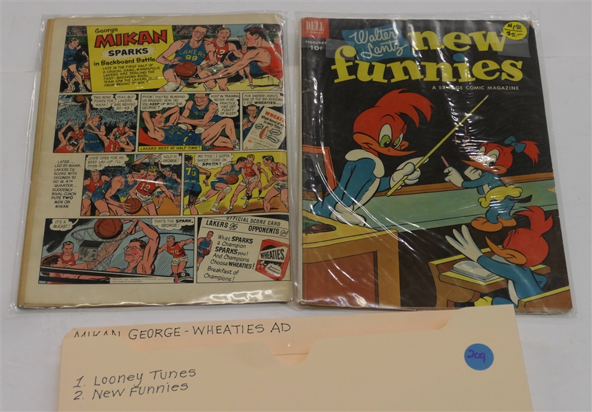 2 Comic Books with George Mikan Wheaties Ads - Looney Tunes and New Funnies - 10 Cent Comic Books