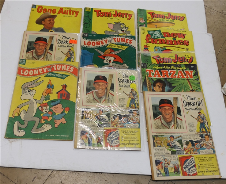 Collection of 1952 Comic Books with Stan Musial Wheaties Ads on Back Cover - Looney Tunes #132, Red Ryder #121, Looney Tunes #143, Tarzan #47 Gene Autry #78, Tom & Jerry #99 & #110, and New Funnies...