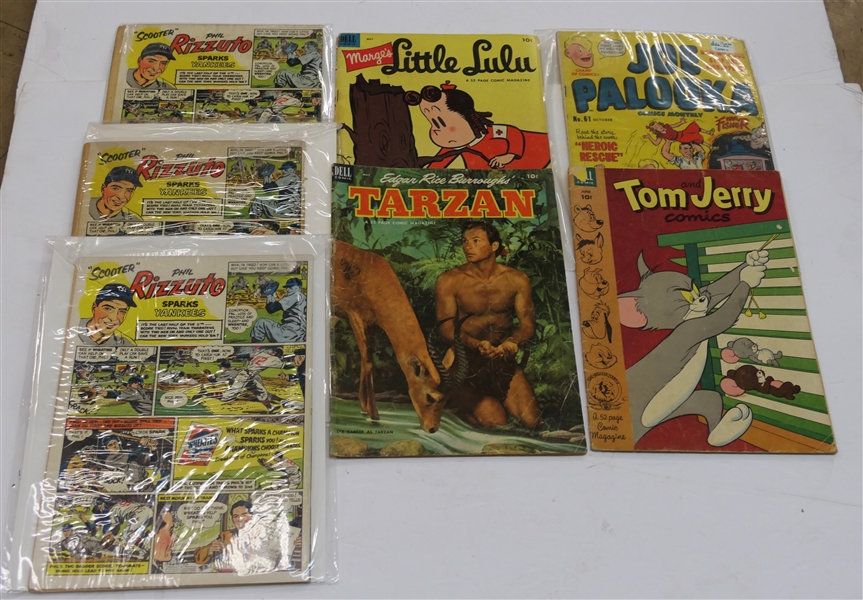 Collection of 1951 & 1953 Comic Books with Phil Rizzuto Wheaties Ads - Gene Autry #75, Joe Palooka #61, Tarzan #44, Little Lulu #59, and Tom & Jerry #107